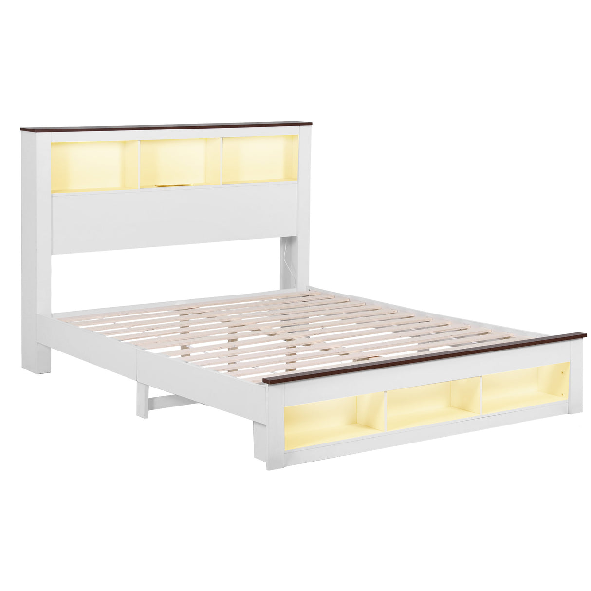 Artiss Queen Bed Frame with Storage Bookcase Headboard and Footboard White Wooden Platform Bed with Charging Station and Led Light Bedroom Furniture