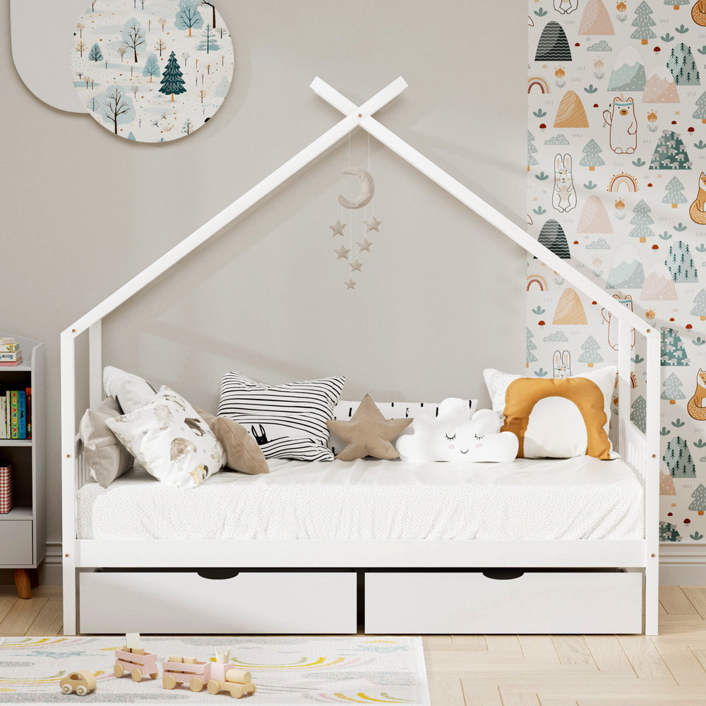 Artiss Bed Frame Wooden Base Kids Single Timber House  with 2 Storage Drawers Beds White