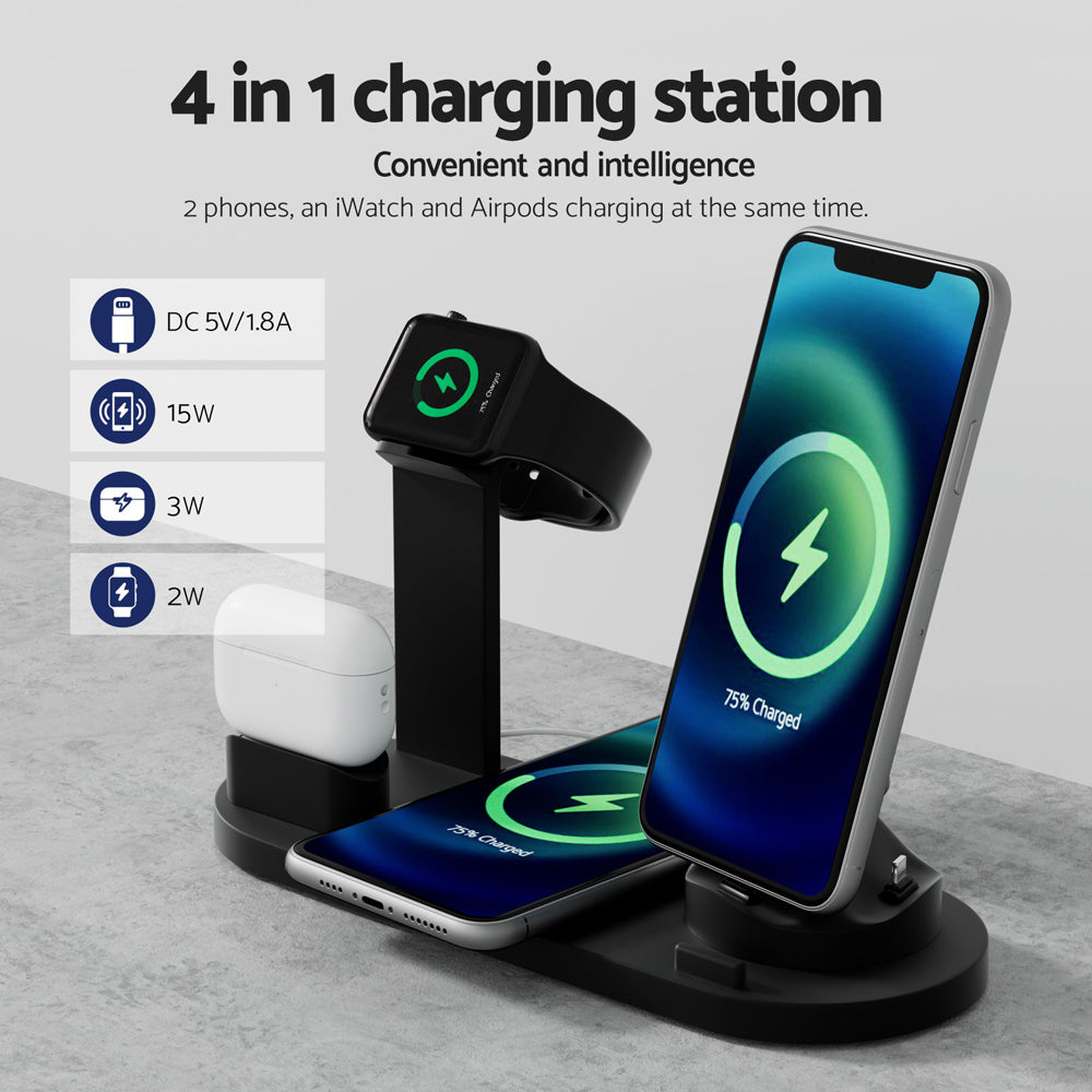 Devanti 15W 4-in-1 Wireless Charging Station for Phones, AirPods, and iWatch