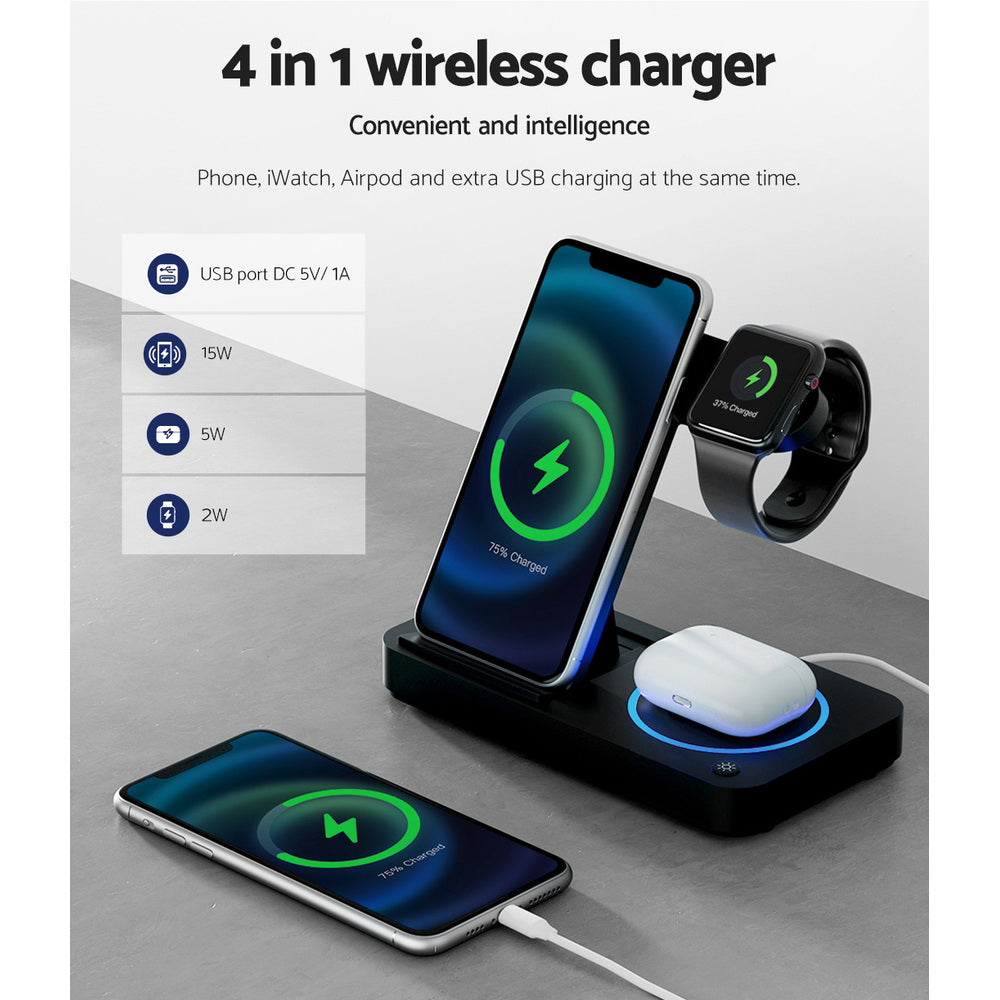 Devanti 4-in-1 Fast Wireless Charging Station for Phones, iWatches & Airpods - Black