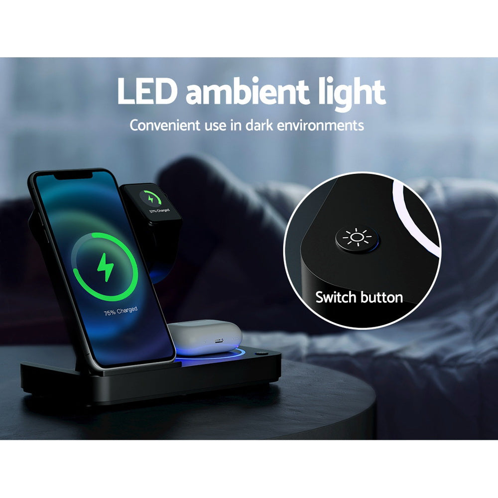 Devanti 4-in-1 Fast Wireless Charging Station for Phones, iWatches & Airpods - Black