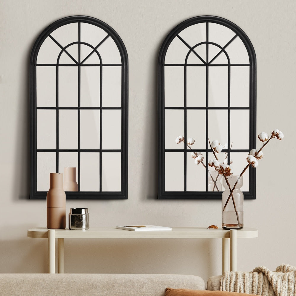 Oikiture 2PC Window Mirror Arched 76x51cm Wooden Black