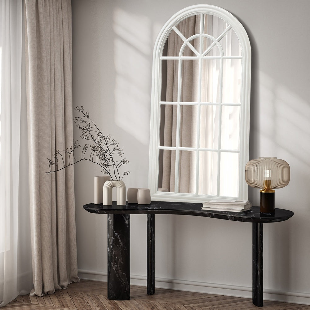 Oikiture Wooden Window Mirror Arched Wall Mirrors 130x70cm White