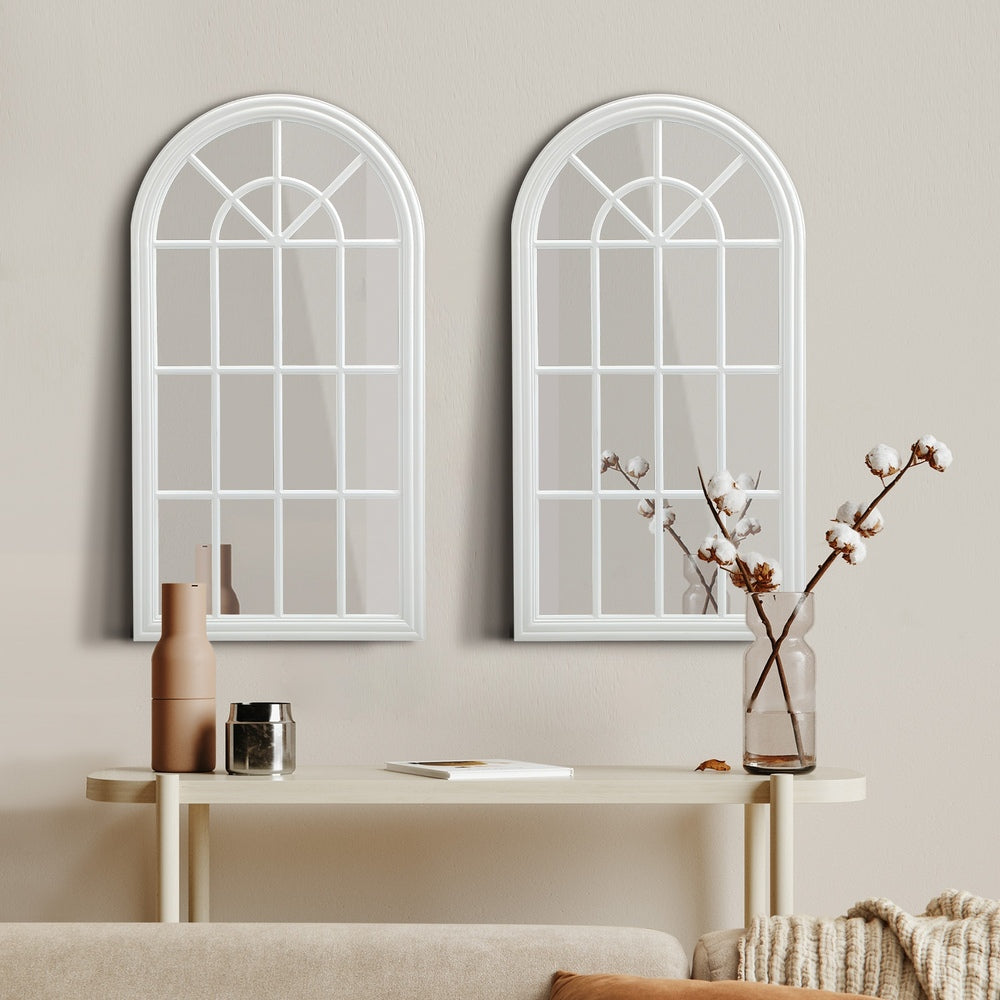Oikiture 2PC Window Mirror Arched Wall Mirrors 76x51cm Wooden White