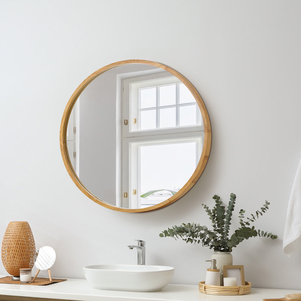 Oikiture Round Wall Mounted Mirror with Wood Frame 50cm