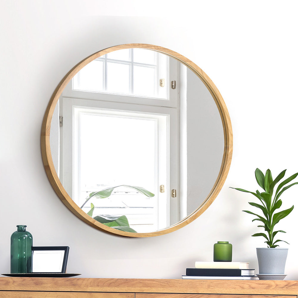 Oikiture Round Wall Mounted Mirror with Wood Frame 50cm