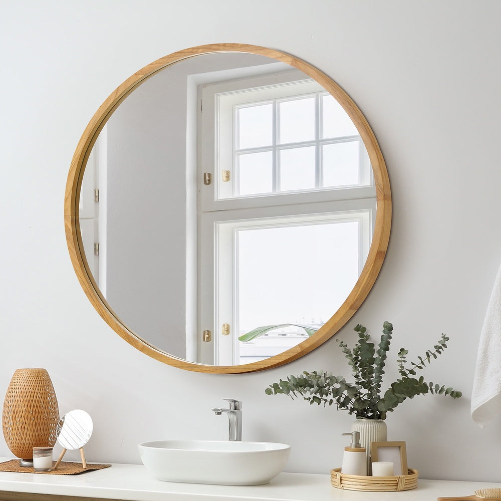 Oikiture Wall Mirror with Wood Frame 80cm Round
