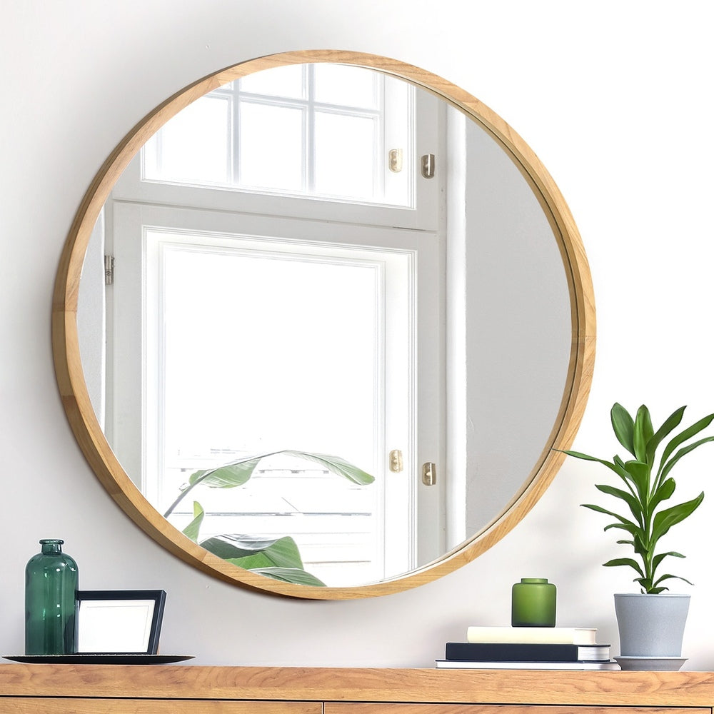 Oikiture Wall Mirror with Wood Frame 80cm Round
