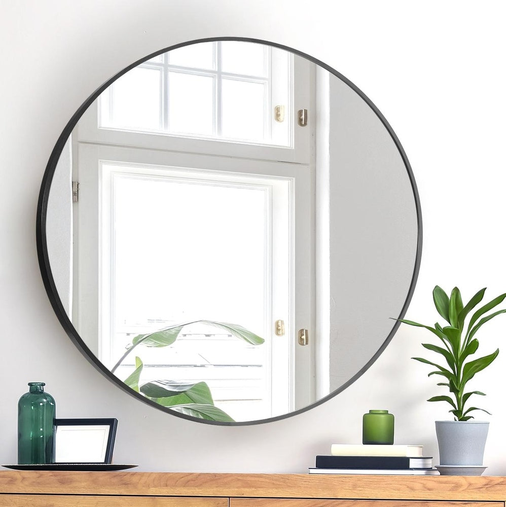 Oikiture Wall Mirrors Round 80cm Black Set of 2