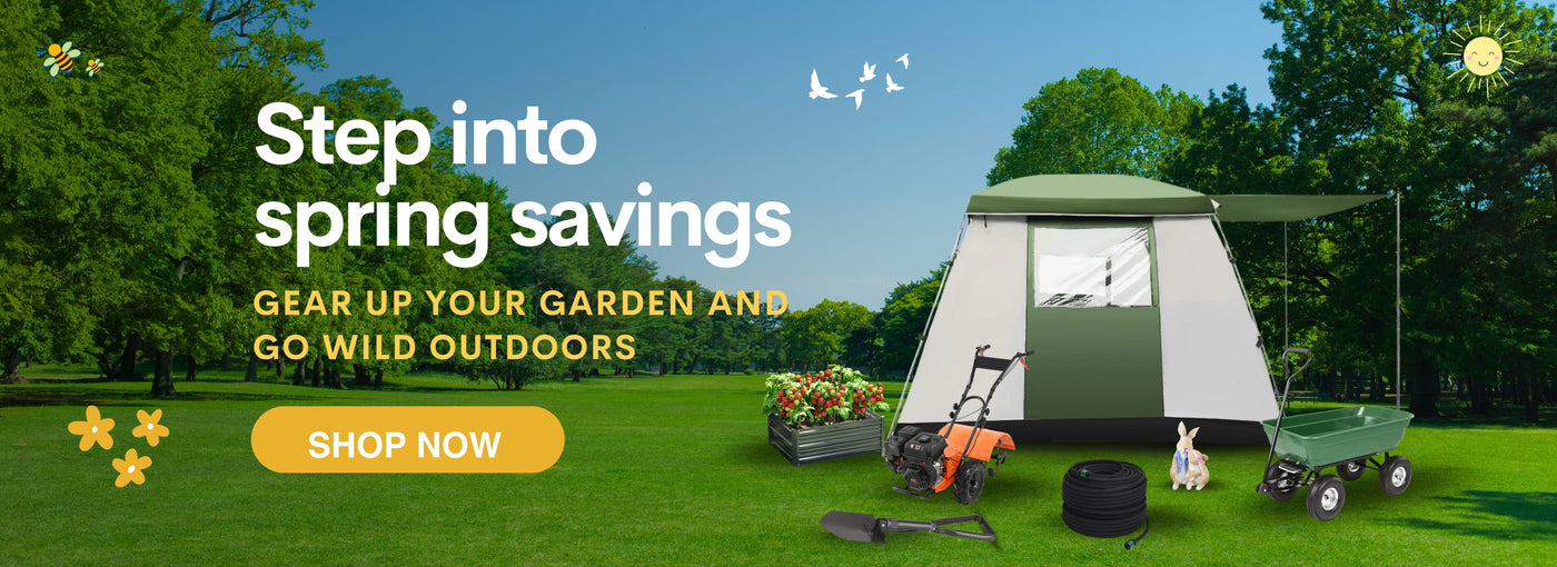 Spring savings banner featuring garden tent, tools, and outdoor gear with ‘Shop Now’