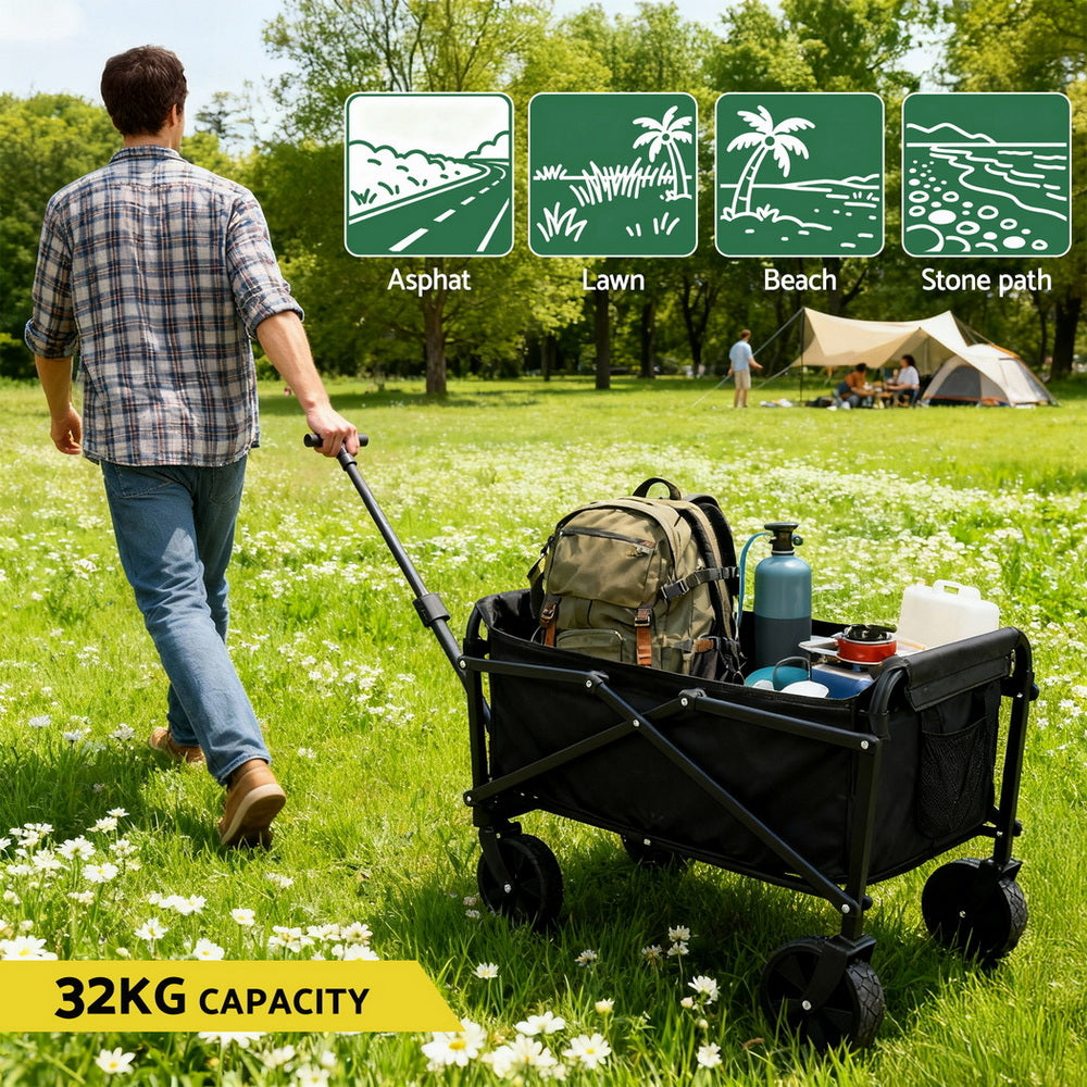 Gardeon Garden Cart Folding Trolley Camping Wagon Barrow Outdoor Beach Black