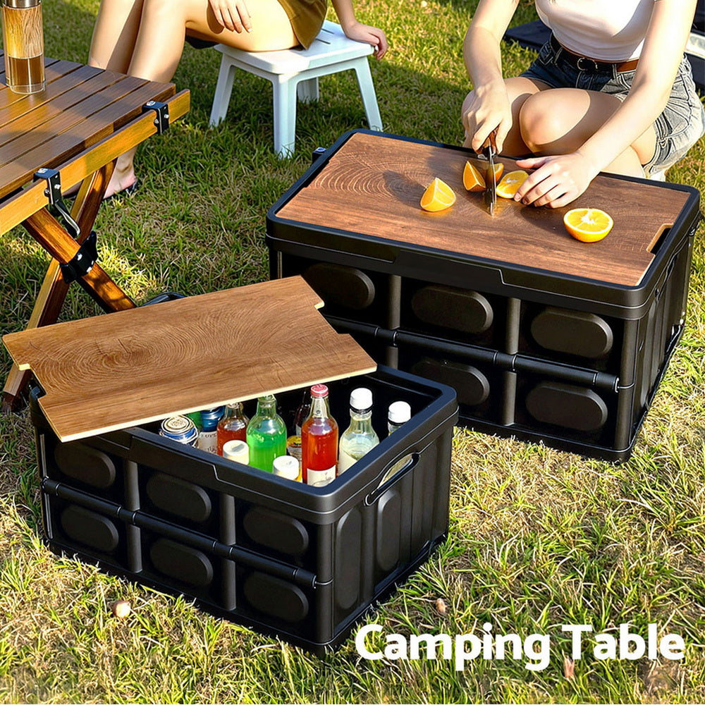 Gardeon Collapsible Outdoor Storage Box 50L Stackable Folding Camping Organizer Plywood Lid Black