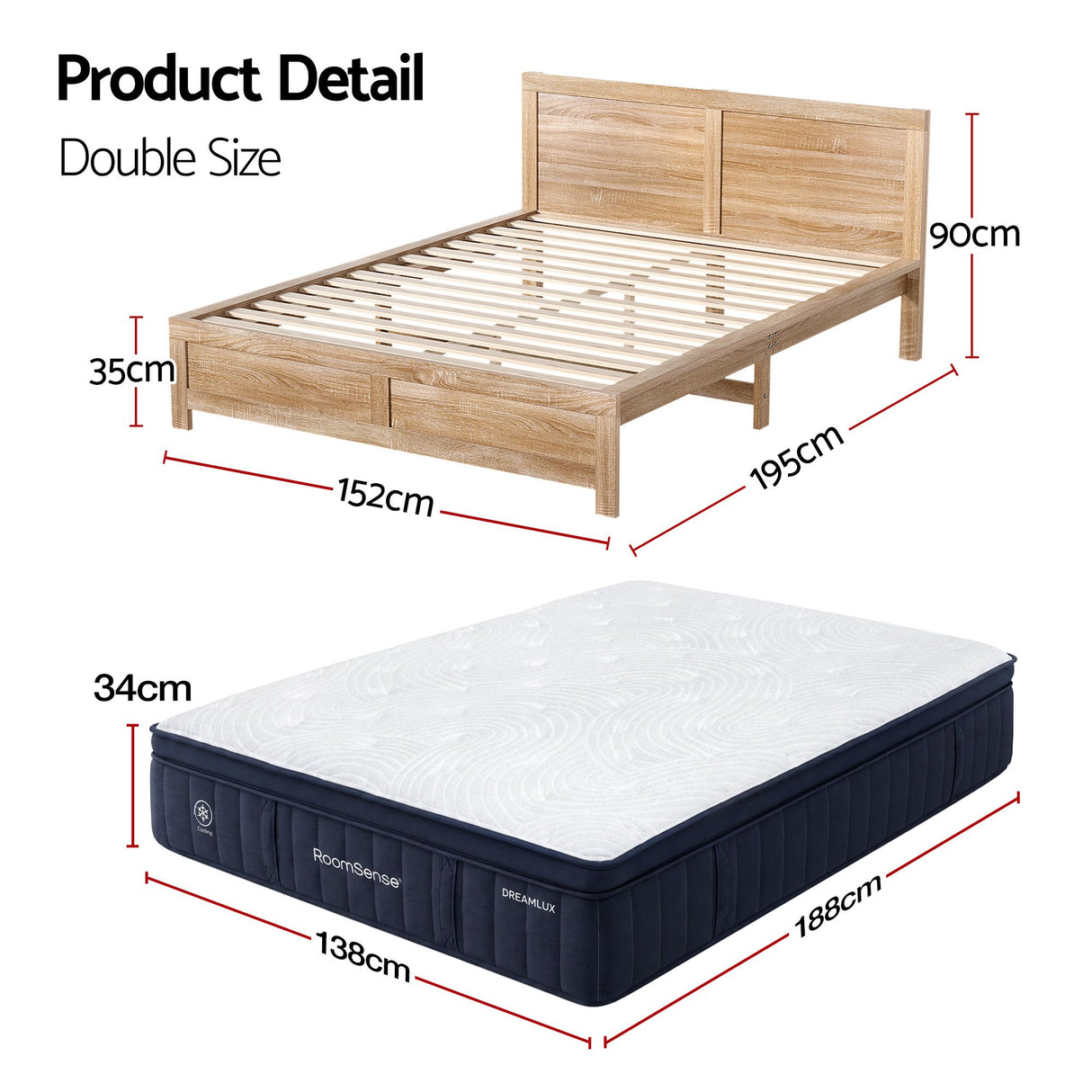 RoomSense Double 34cm Medium Soft Gel Mattress Bundle, Oatmeal Bed Frame