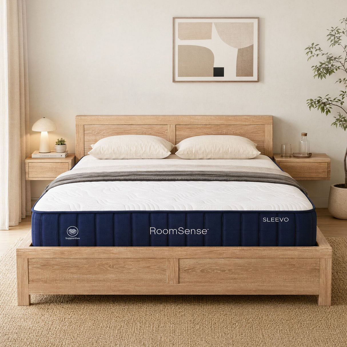 RoomSense Queen 26cm Firm Mattress Bundle with Oatmeal Wooden Bed Frame