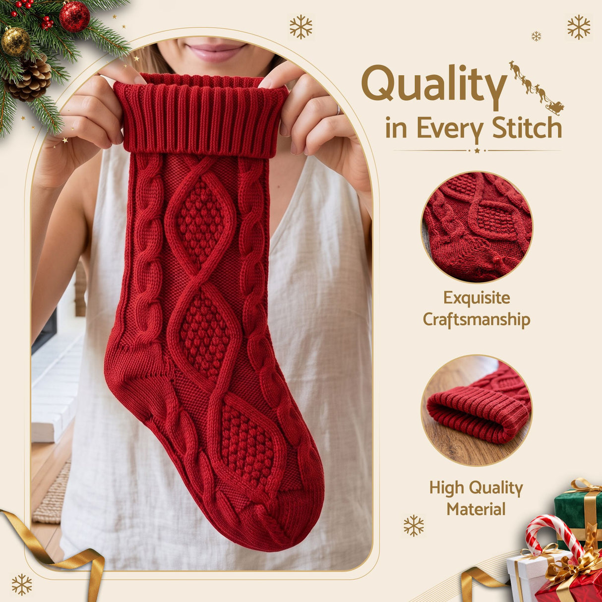 Jingle Jollys 3PCS Personalized Christmas Stockings with Leather Patches 16 Inch Knitted Solid Colour Xmas Decor For Fireplace Mantel, Christmas Tree, Home Decoration & Holiday Party Displays