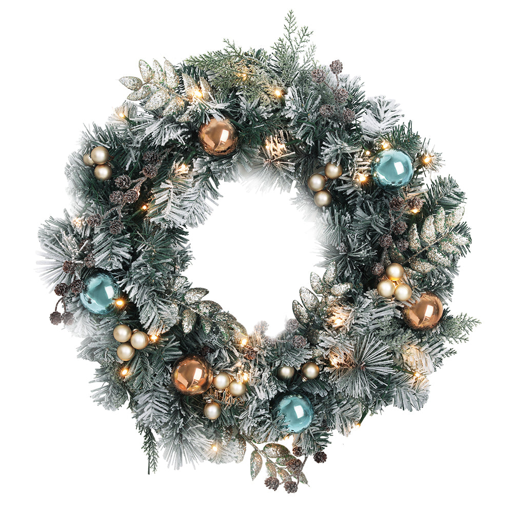 Delightful 60cm LED Christmas Wreath with Snowy Garland and Ornaments