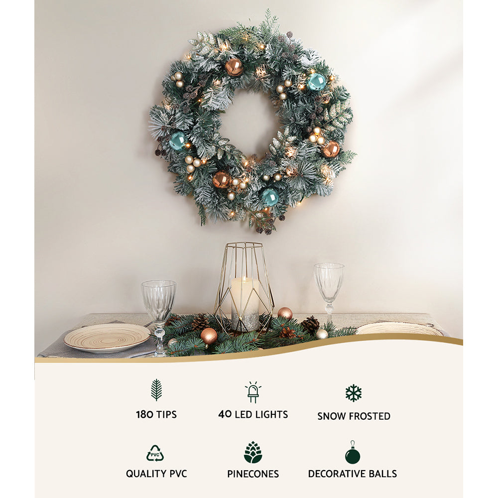 Delightful 60cm LED Christmas Wreath with Snowy Garland and Ornaments