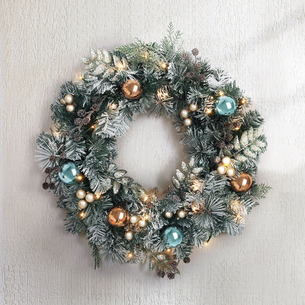 Delightful 60cm LED Christmas Wreath with Snowy Garland and Ornaments