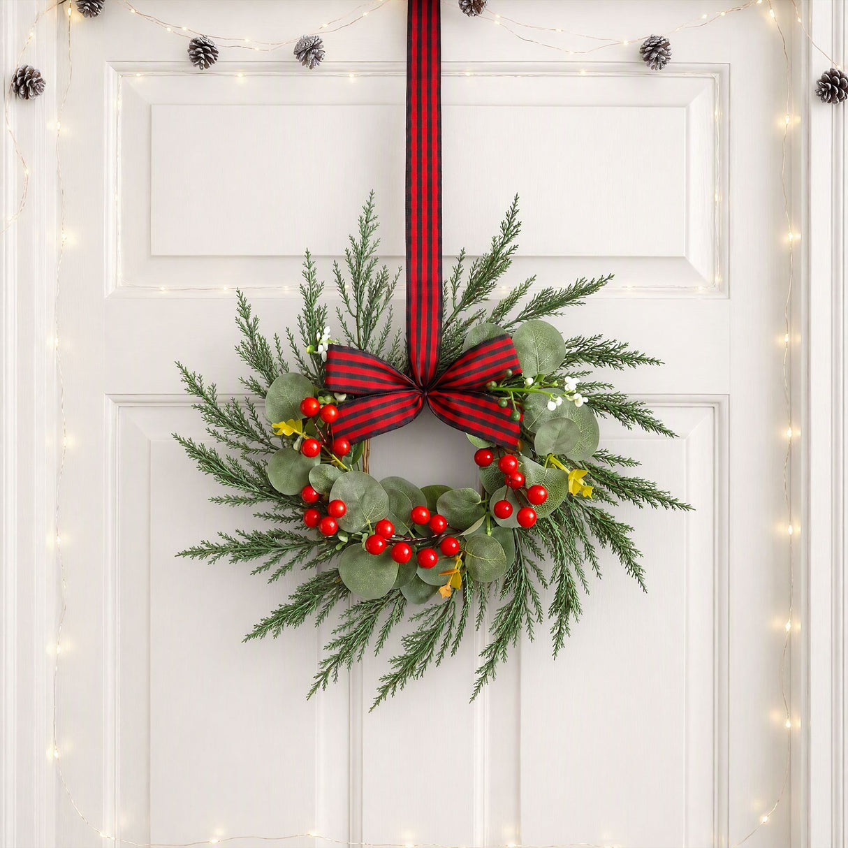 Jingle Jollys 6x Christmas Wreath Garland 26cm Pre-lit Wreaths Red Berries Bow