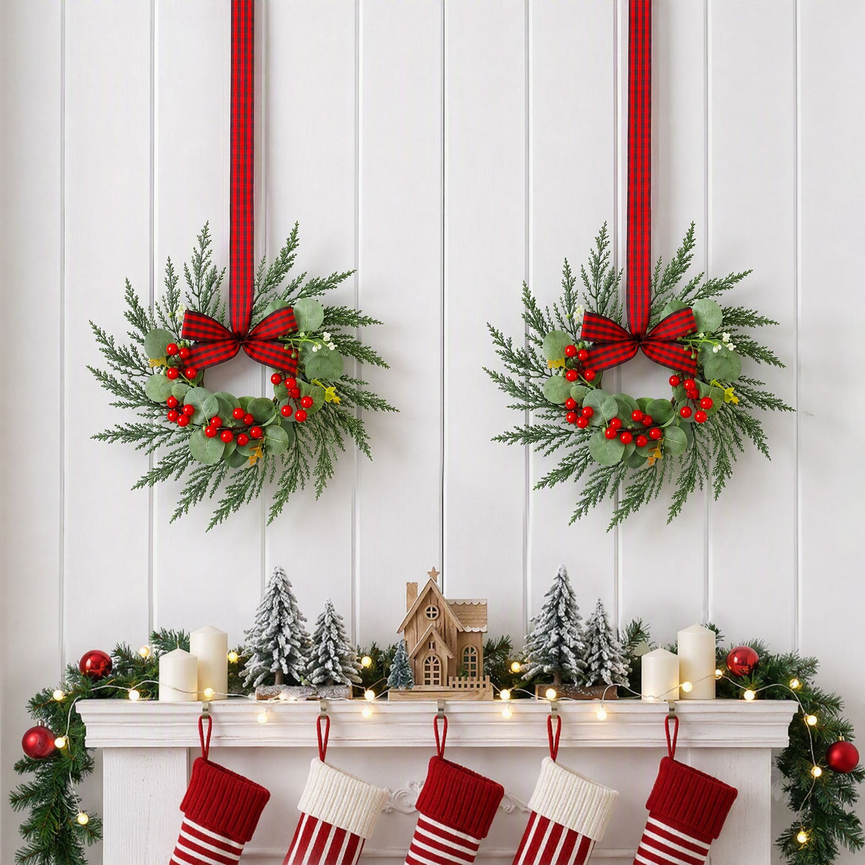 Jingle Jollys 6x Christmas Wreath Garland 26cm Pre-lit Wreaths Red Berries Bow