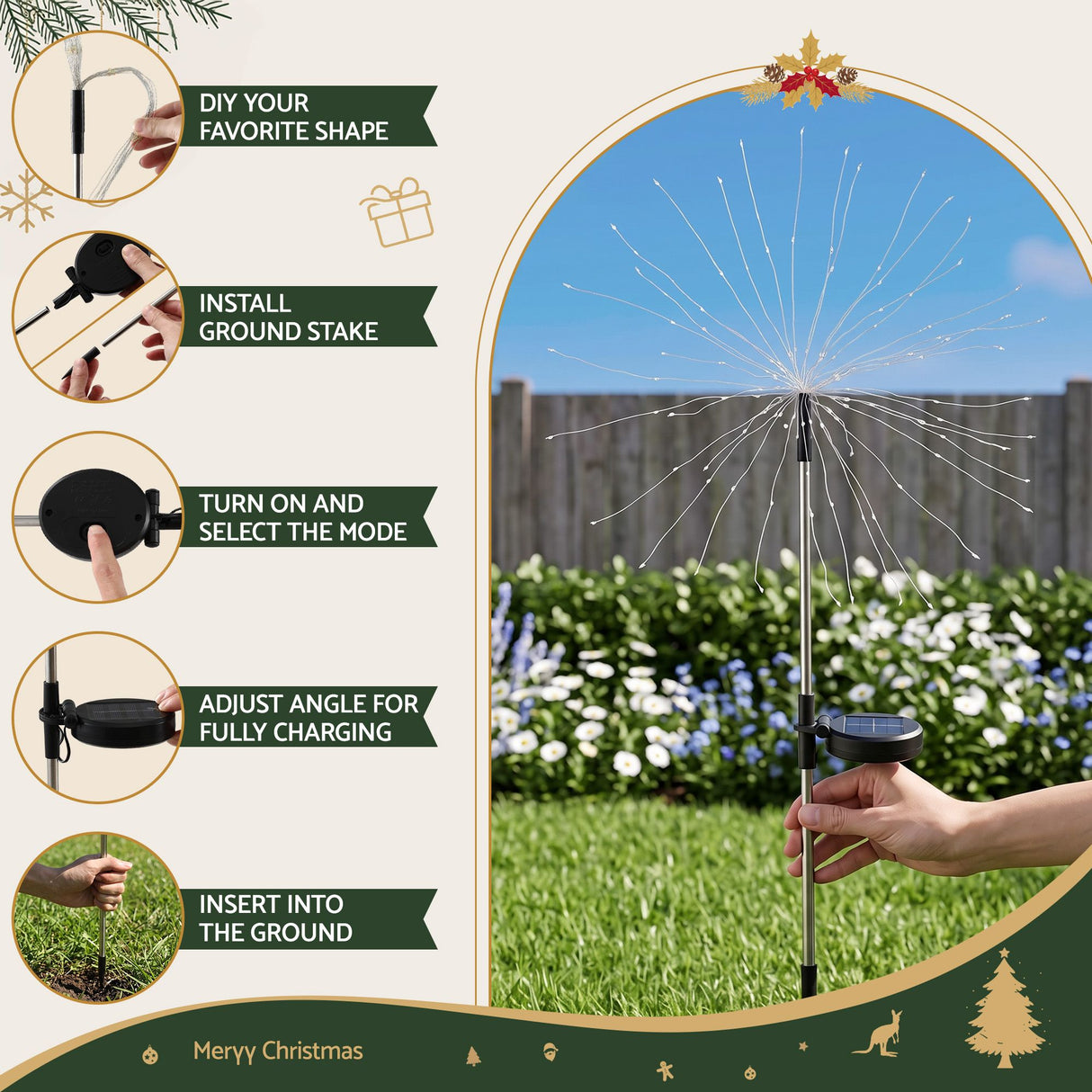 Jingle Jollys 4 Pack Christmas Lights Solar Firework Outdoor Garden Lights DIY Decoration Warm White