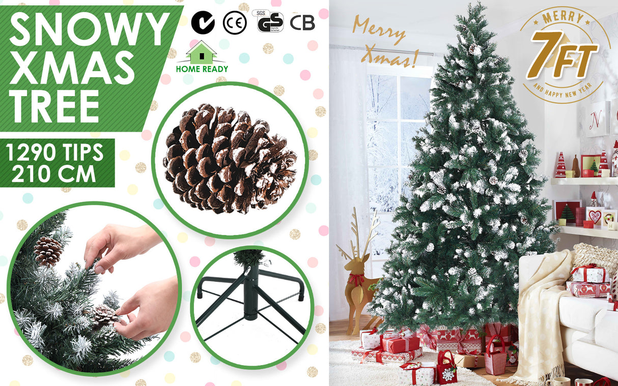 7Ft 210cm Snowy Xmas Tree Pine Cone Decor