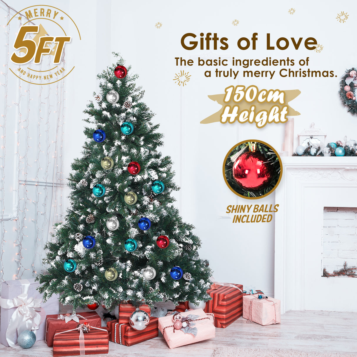 5Ft 150cm Snowy Xmas Tree Pine Cone Decor + Bauble Balls