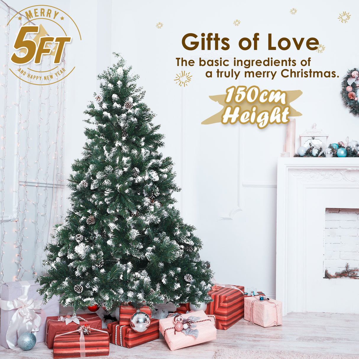 5Ft 150cm Snowy Xmas Tree Pine Cone Decor