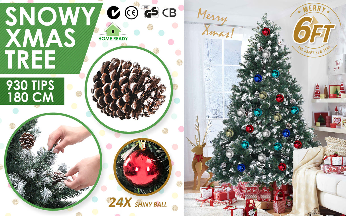 6Ft 180cm Snowy Xmas Tree Pine Cone Decor + Bauble Balls