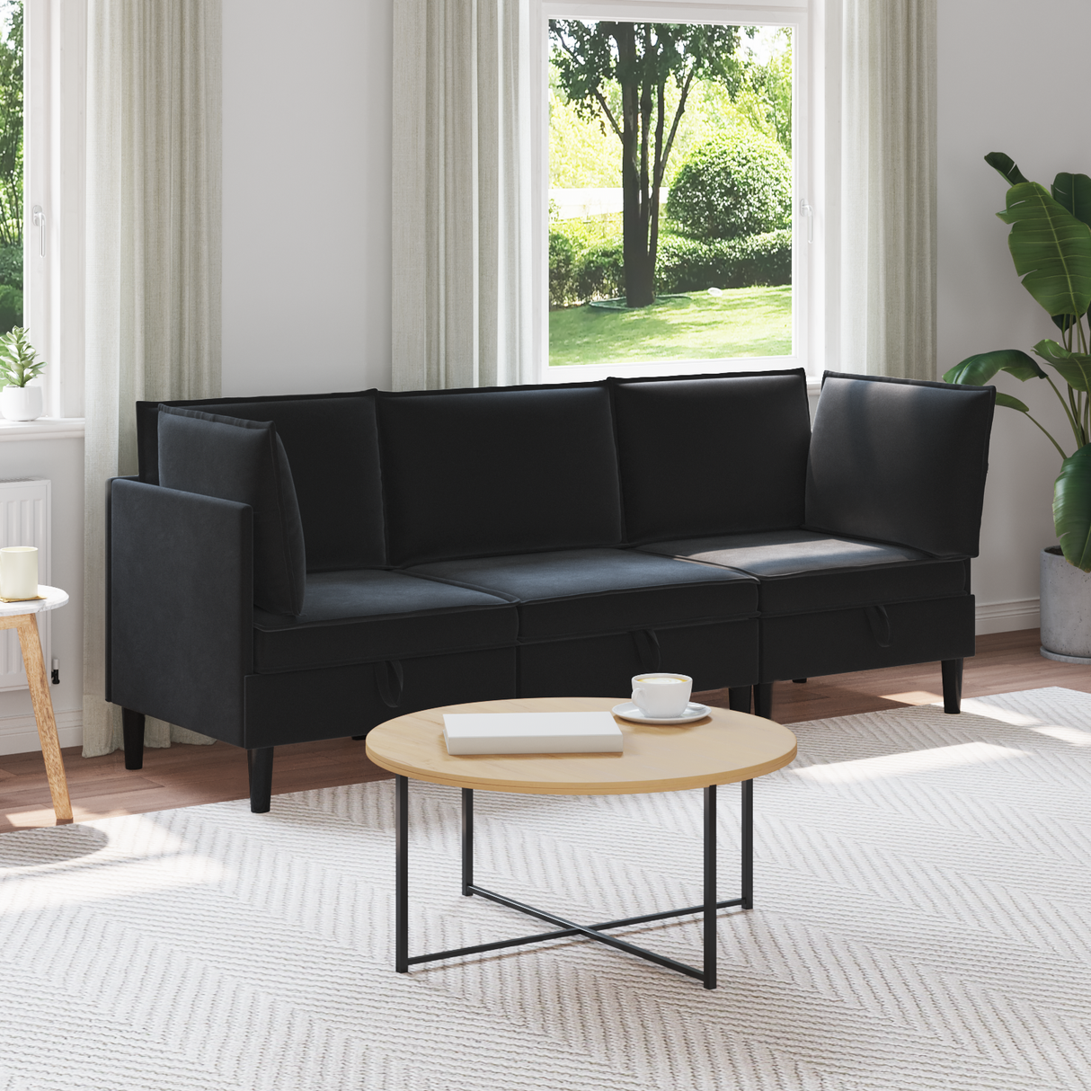 Living Room Furniture Set with Cushion 3 pcs Black Velvet
