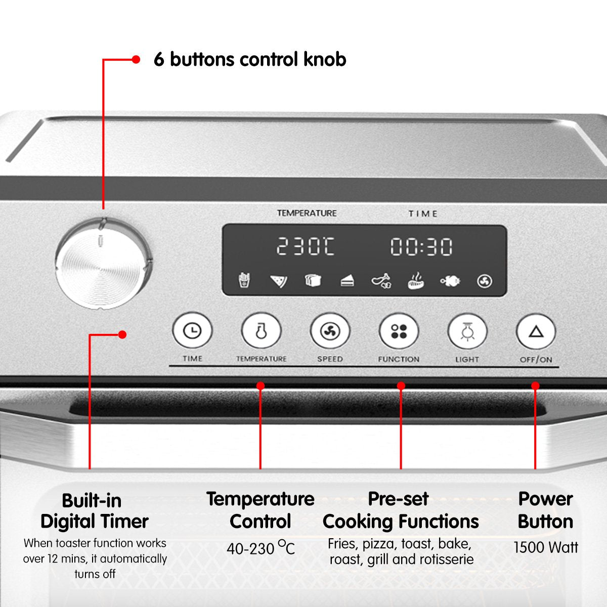 Pronti 18L 1500W Electric Air Fryer Multi Cooker Oven Silver