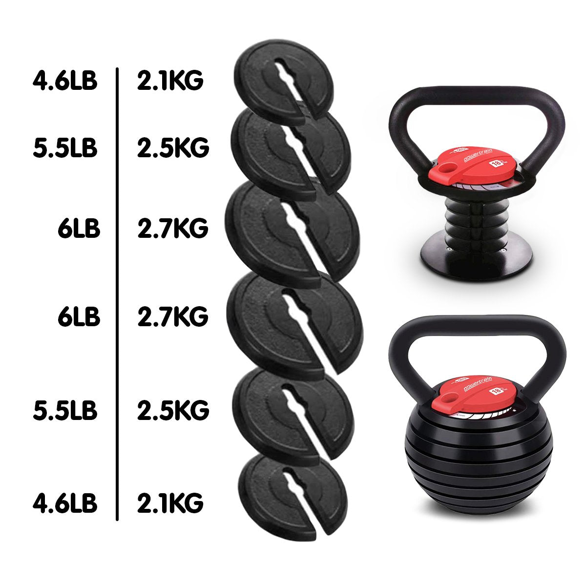 Powertrain 2x Adjustable Kettlebells Weights Dumbbell - 18kg