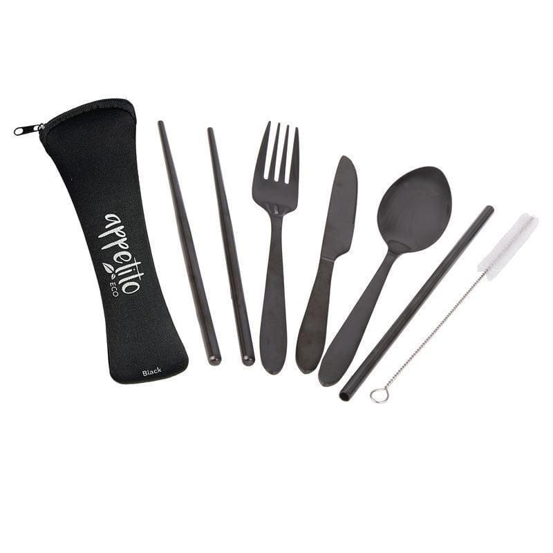 Appetito ? Stainless Steel Traveller?s Cutlery Set in Zippered Pouch Black-2006733448101892096