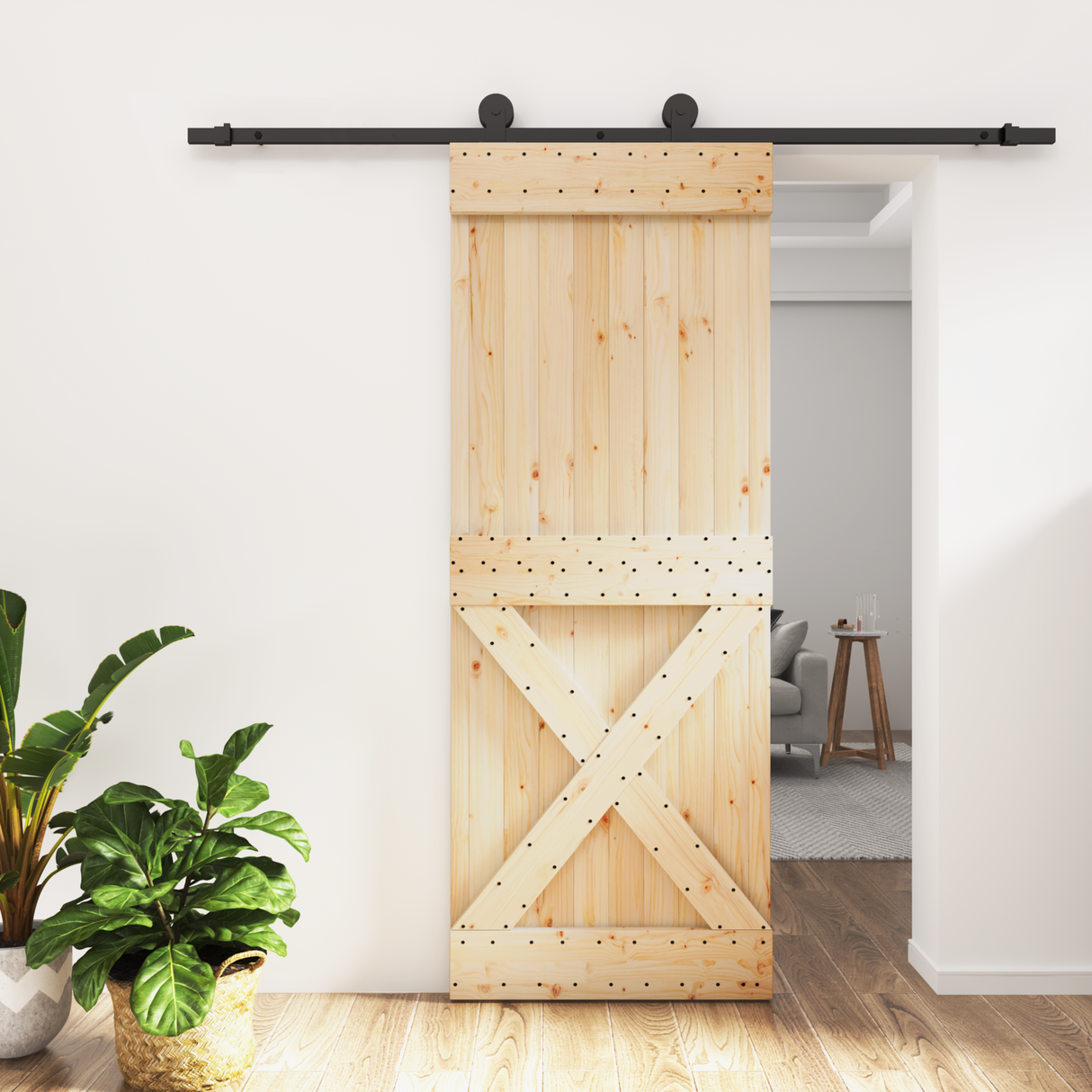 Sliding Door Natural and Black 80 x 210 cm Solid Pine Wood