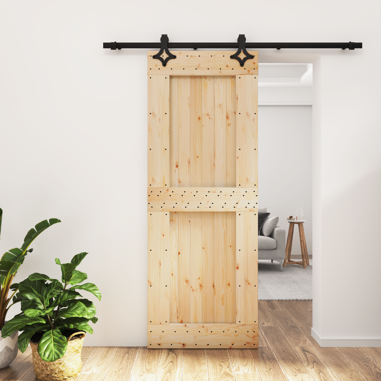Sliding Door Natural and Black 80 x 210 cm Solid Pine Wood