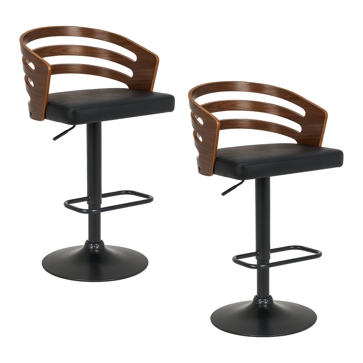 Sarantino Set of 2 Bentwood Walnut Barstool Leather Seat and Metal Base