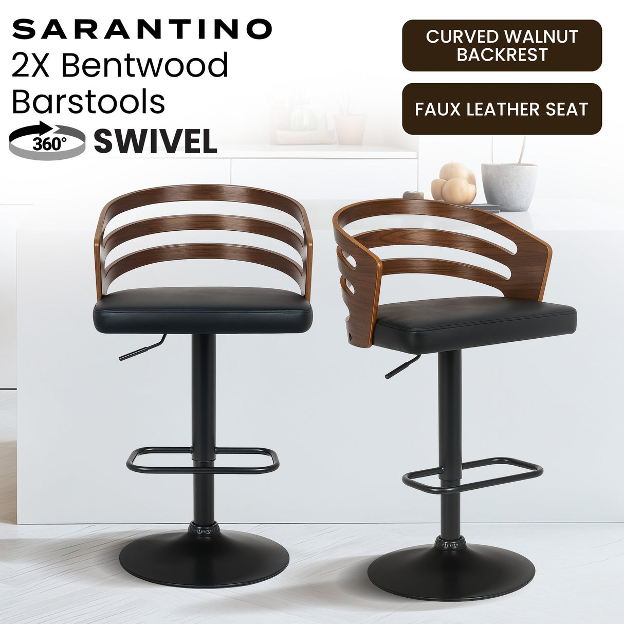 Sarantino Set of 2 Bentwood Walnut Barstool Leather Seat and Metal Base