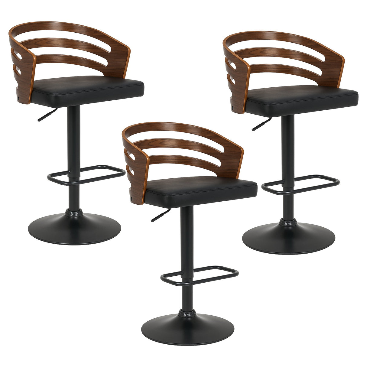 Sarantino Set of 3 Bentwood Walnut Barstool Leather Seat and Metal Base
