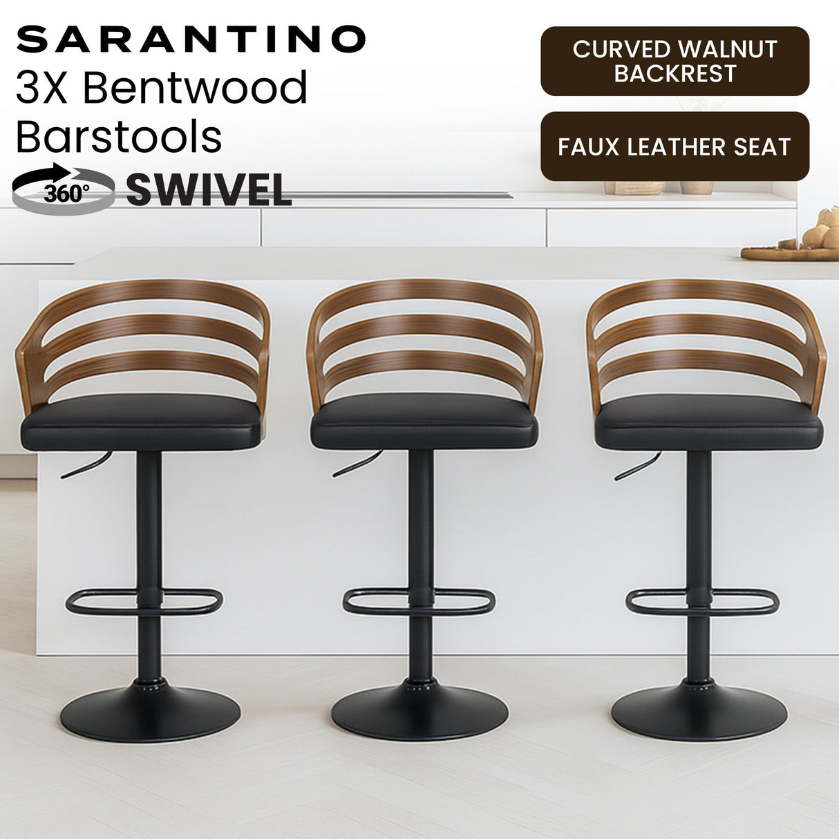Sarantino Set of 3 Bentwood Walnut Barstool Leather Seat and Metal Base