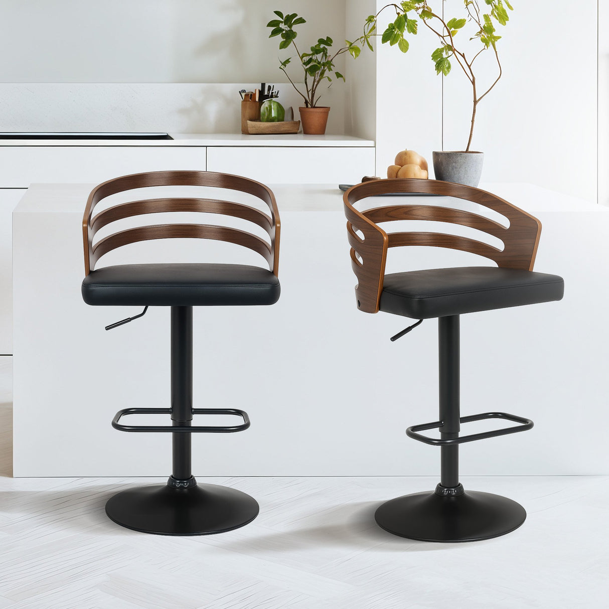 Sarantino Set of 3 Bentwood Walnut Barstool Leather Seat and Metal Base