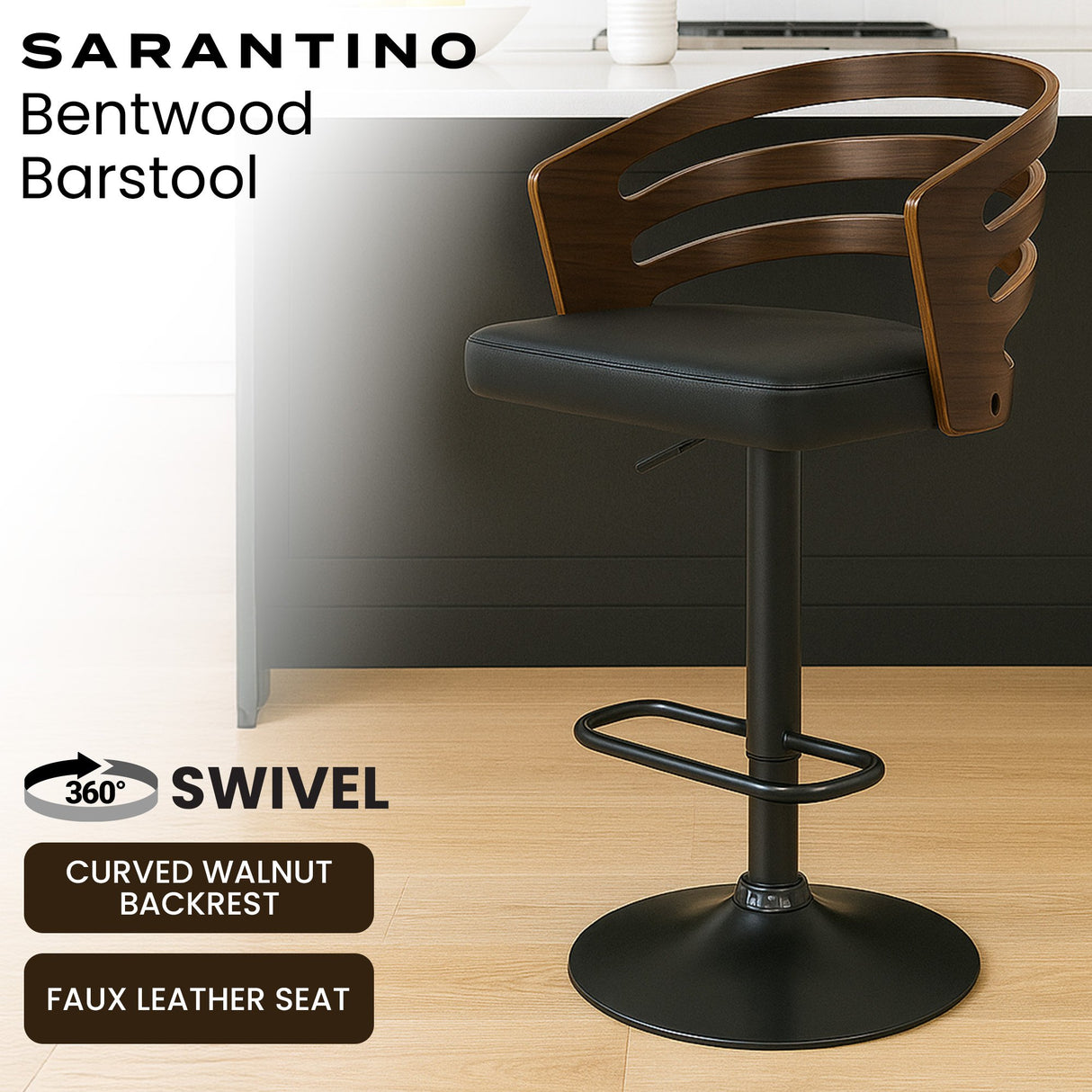 Sarantino Bentwood Walnut Barstool Leather Seat and Metal Base