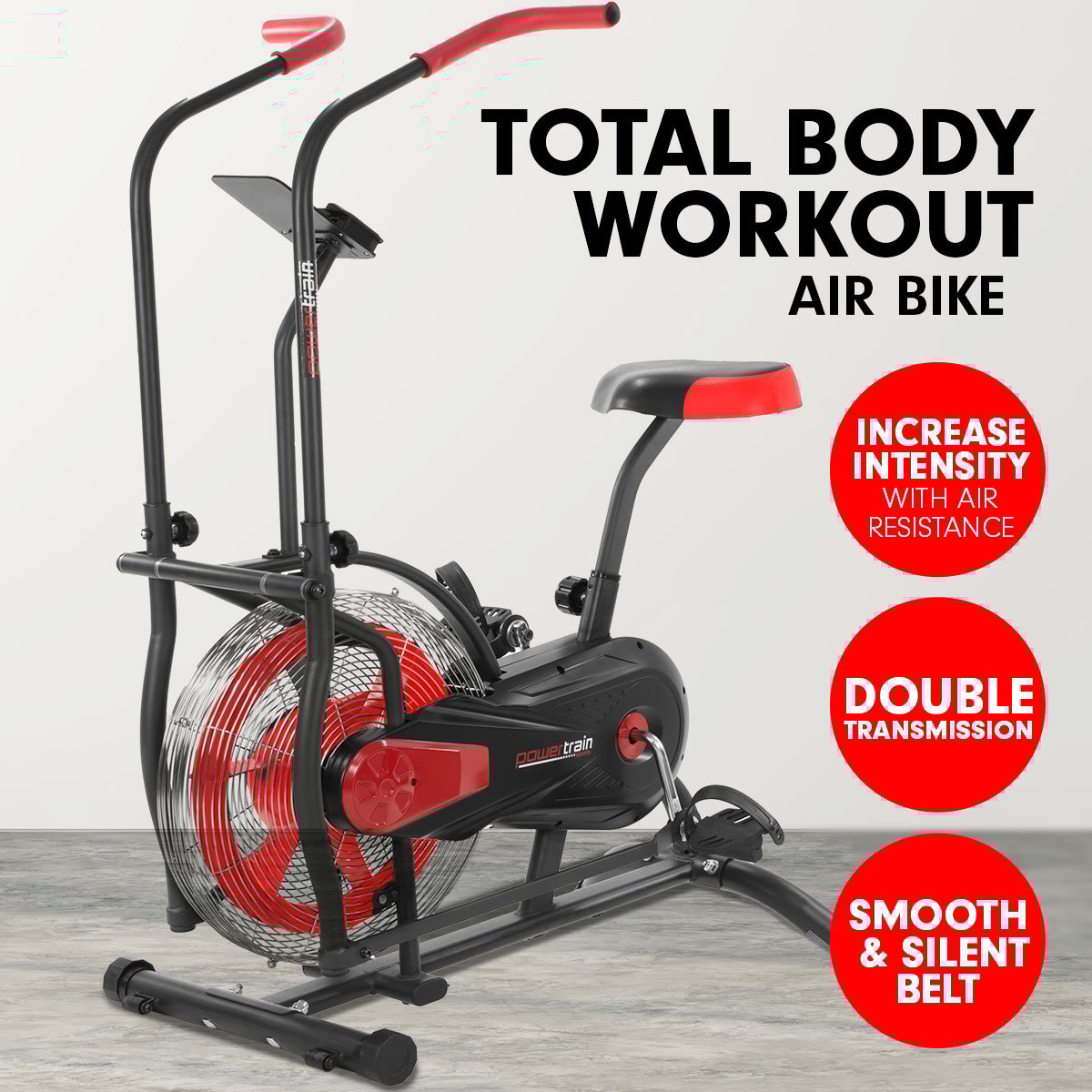 Powertrain Air Resistance Fan Exercise Bike for Cardio - Red