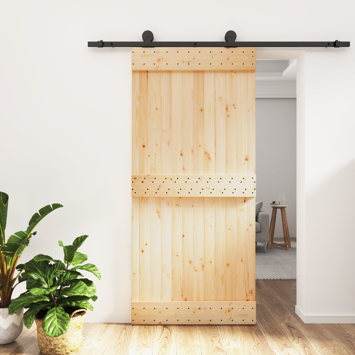 Sliding Door Natural and Black 95 x 210 cm Solid Pine Wood