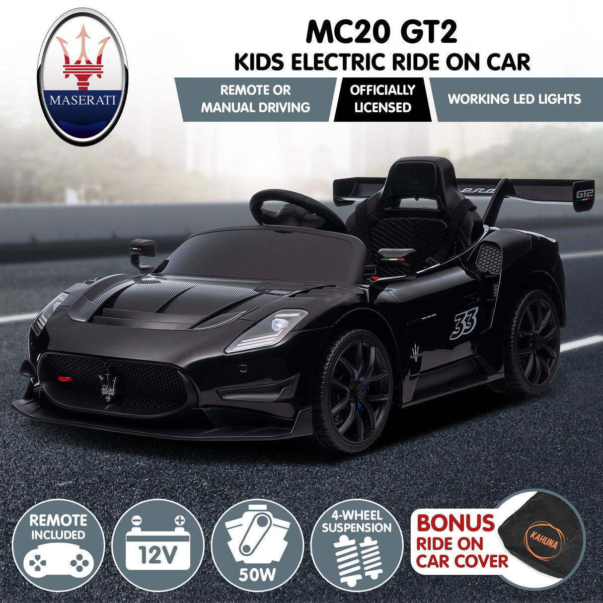 Kahuna Maserati MC20 GT2 Licensed Electric Kids Ride On Race Car Black
