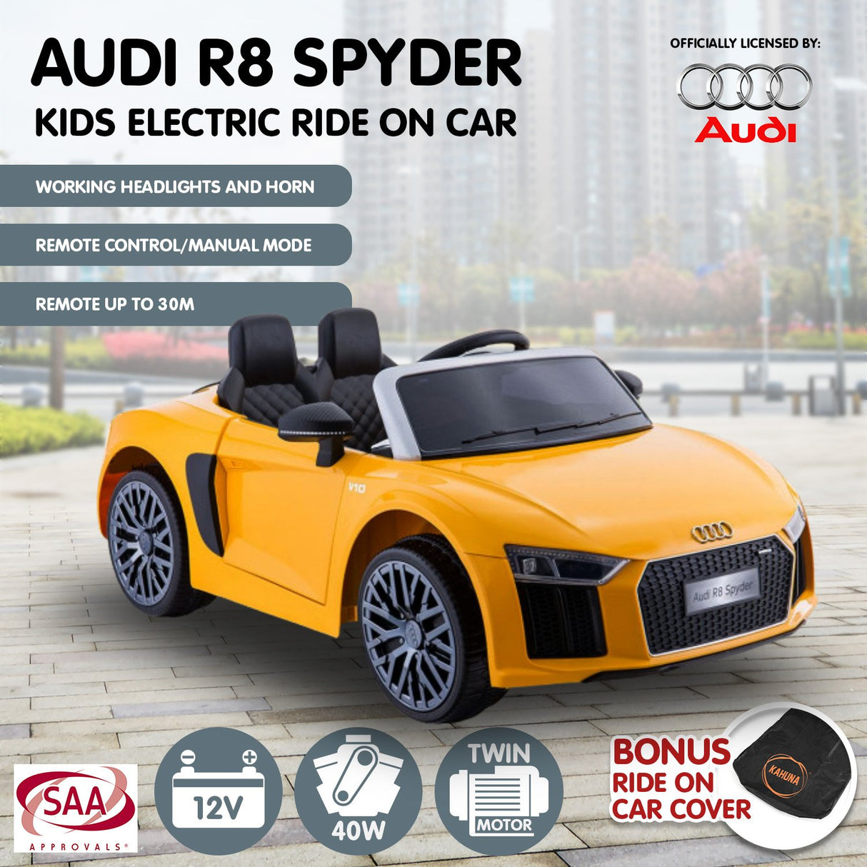 R8 Spyder Audi Licensed Kids Electric Ride On Car Yellow