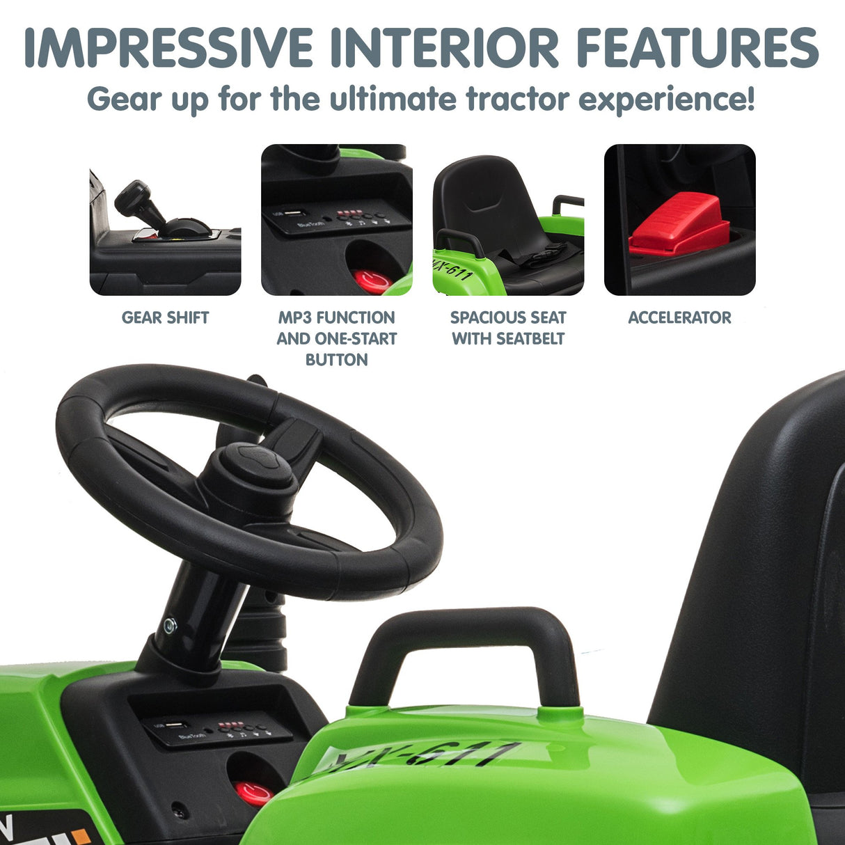 Kahuna MX-611 Kids Electric Ride On Tractor Trailer Car Green Grey