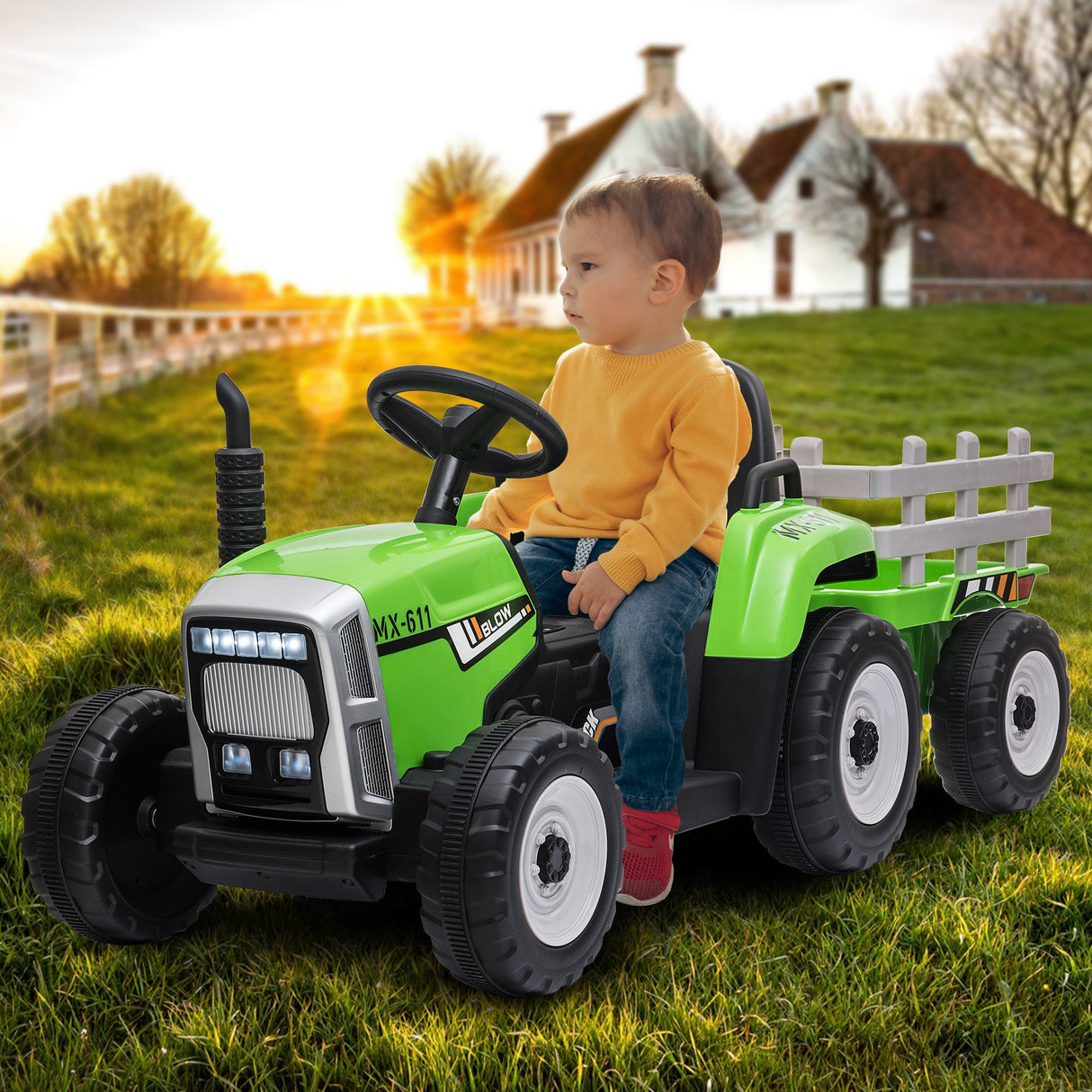 Kahuna MX-611 Kids Electric Ride On Tractor Trailer Car Green Grey