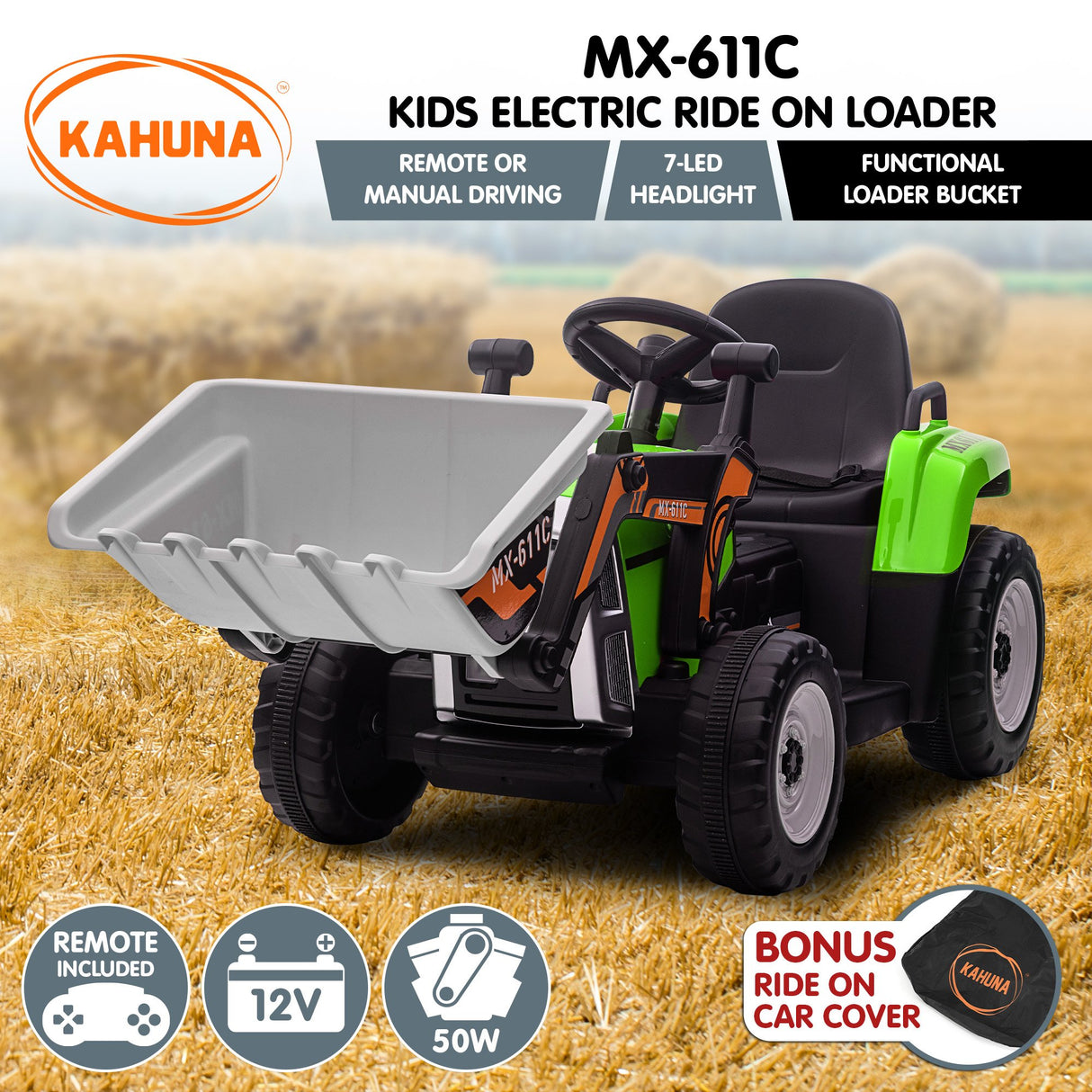 Kahuna MX-611C Kids Electric Ride On Car Tractor Digger Loader Grey