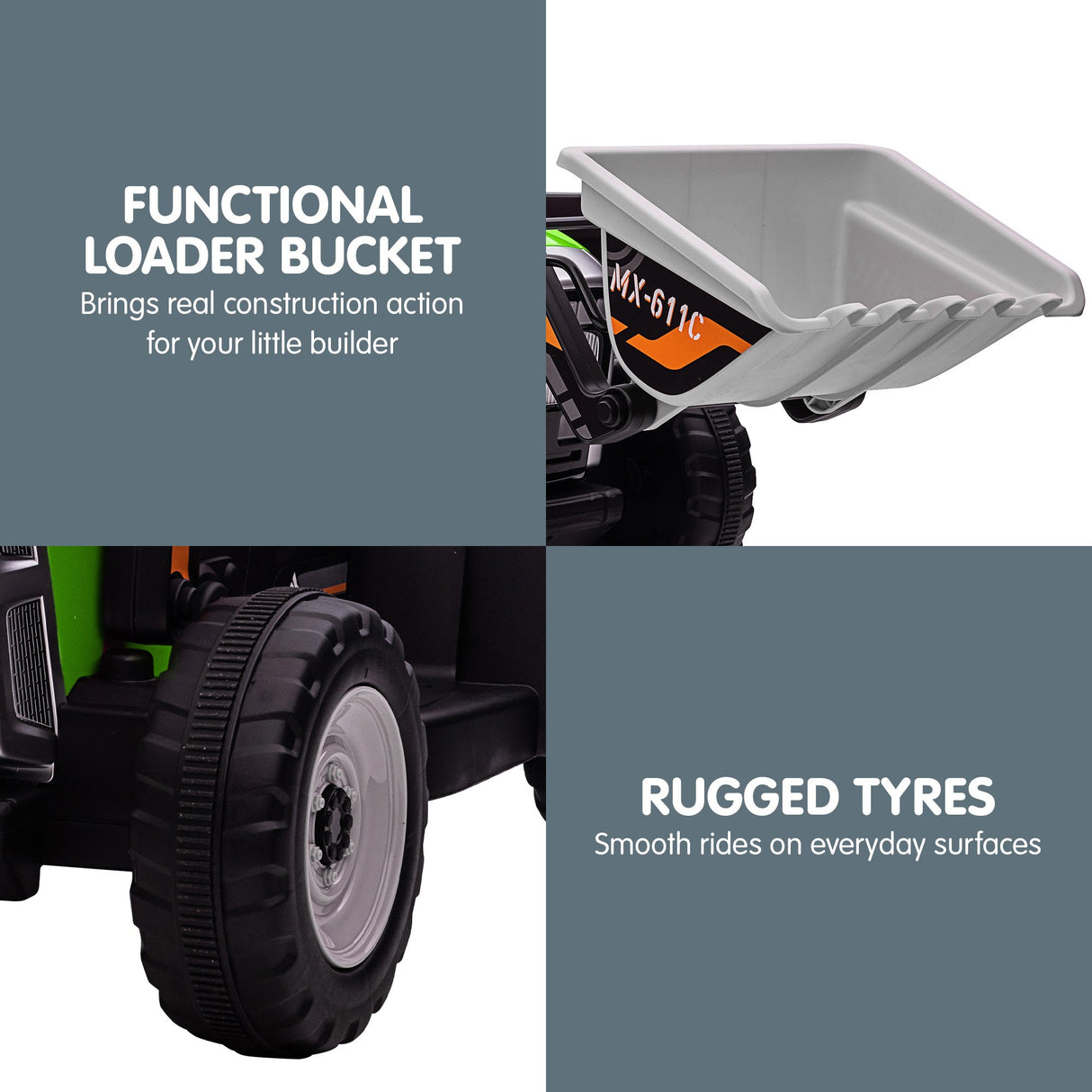 Kahuna MX-611C Kids Electric Ride On Car Tractor Digger Loader Grey