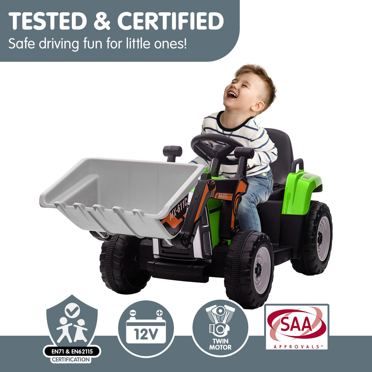 Kahuna MX-611C Kids Electric Ride On Car Tractor Digger Loader Grey